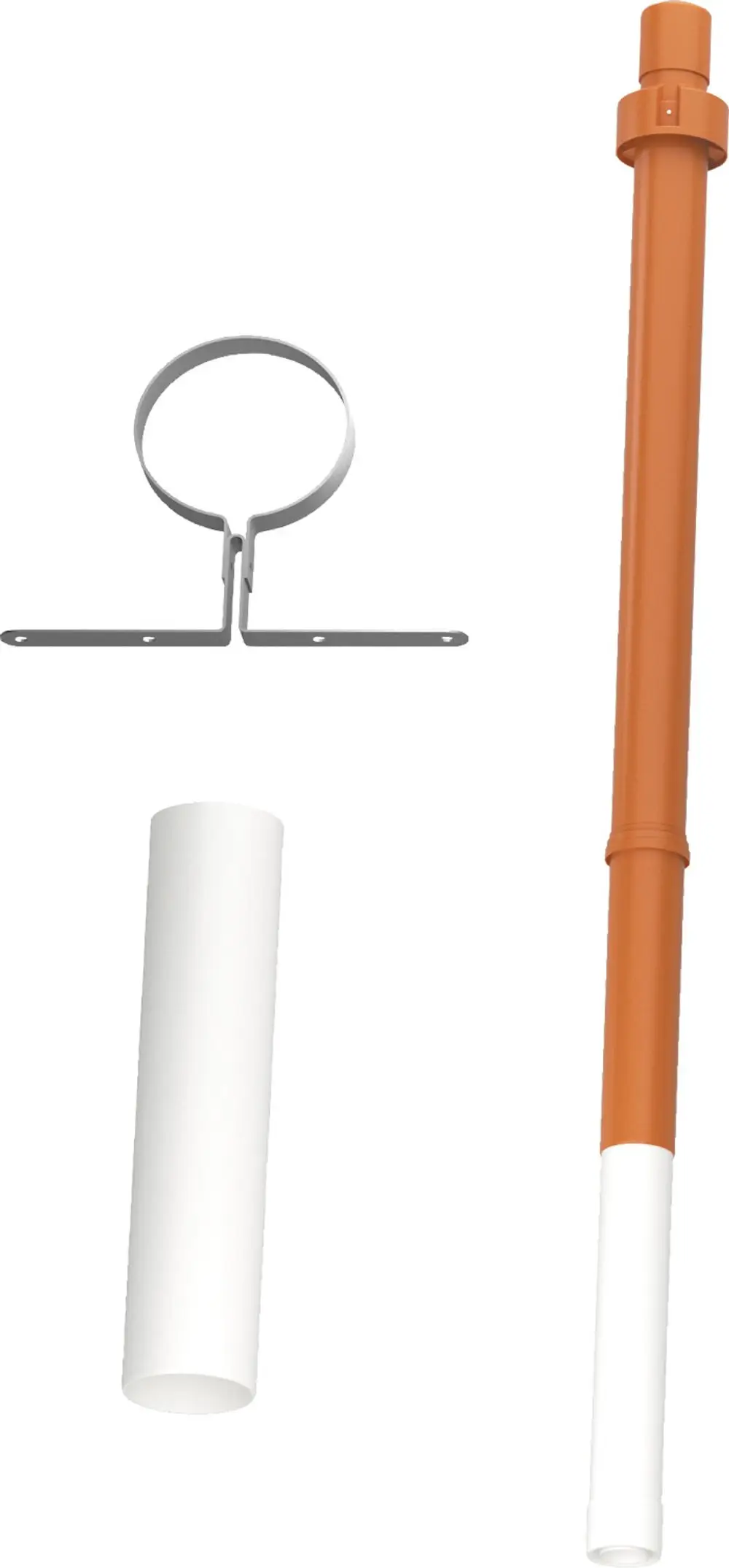 Zwei Rohre, eines orange und eines weiß, mit einer Halterung und einer metallischen Befestigung. Teil des Abgassystems von Bosch.